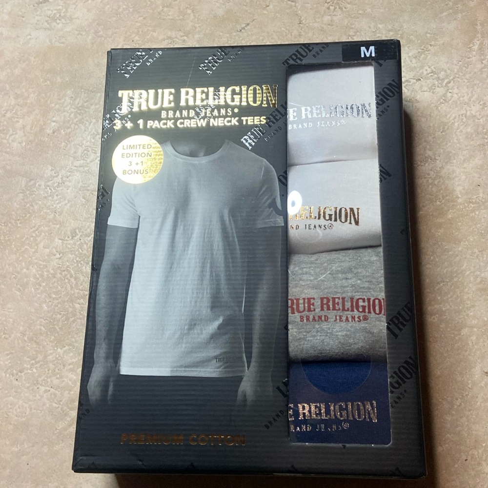 True Religion Men’s Size M 3 + 1 Pack Crew Neck Tees Premium Cotton 3 Colors